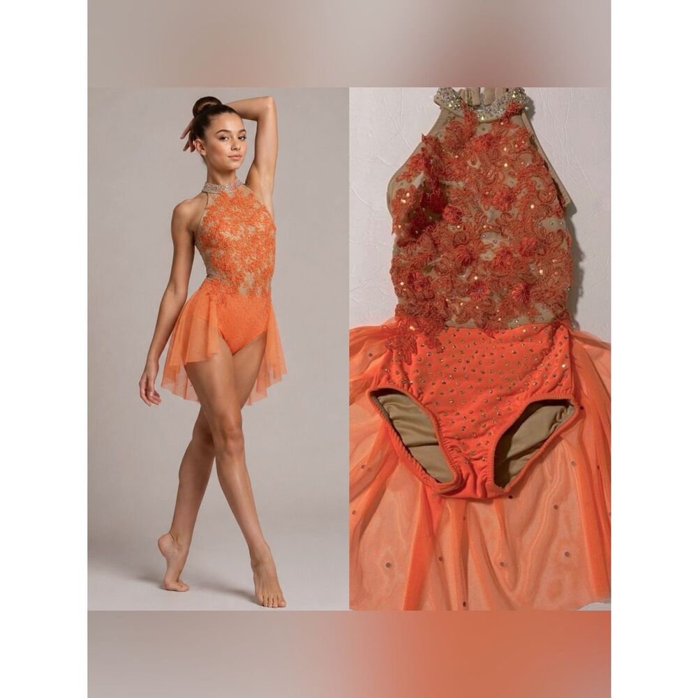 Custom competition solo dance costume orange dress nude illusion lyrical child 8
